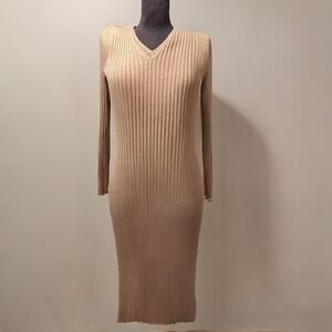 Almost Famous Beige & Gold Long Sleeve Rib Knit Bodycon Dress Size L